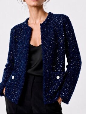 SIONI Navy Blue Sparkle Knit Cardigan Sweater Open-Front Jacket w Pockets